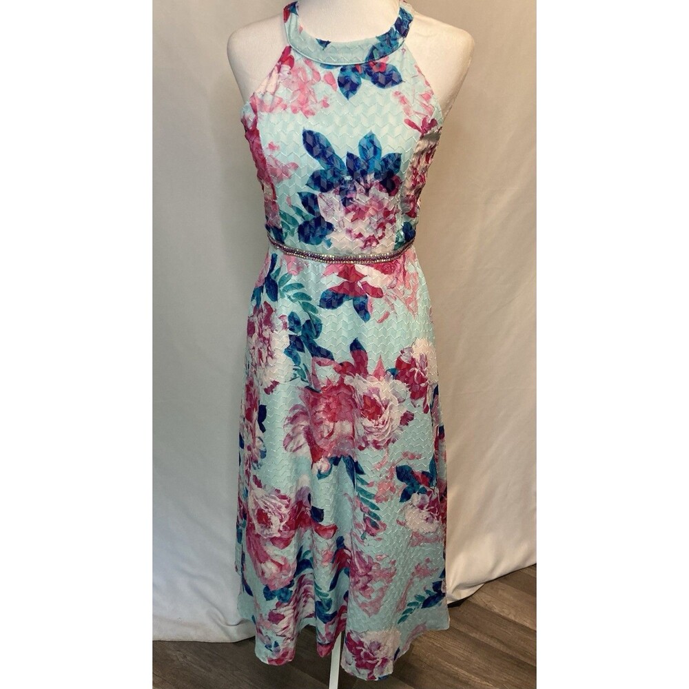 Easter Floral Dress Girls 16 Fit & Flare Halter Strap Back Bedazzled